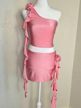 Pink Mini Skirt Set w Rose Decor & Ruffle Off Shoulder/Skirt XS